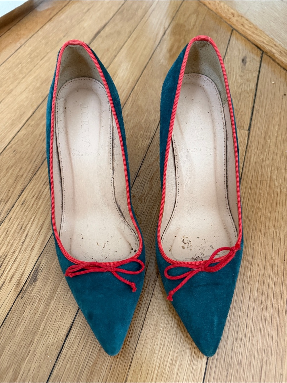 J. Crew Teal Suede Pointed Toe Heels with Red Trim